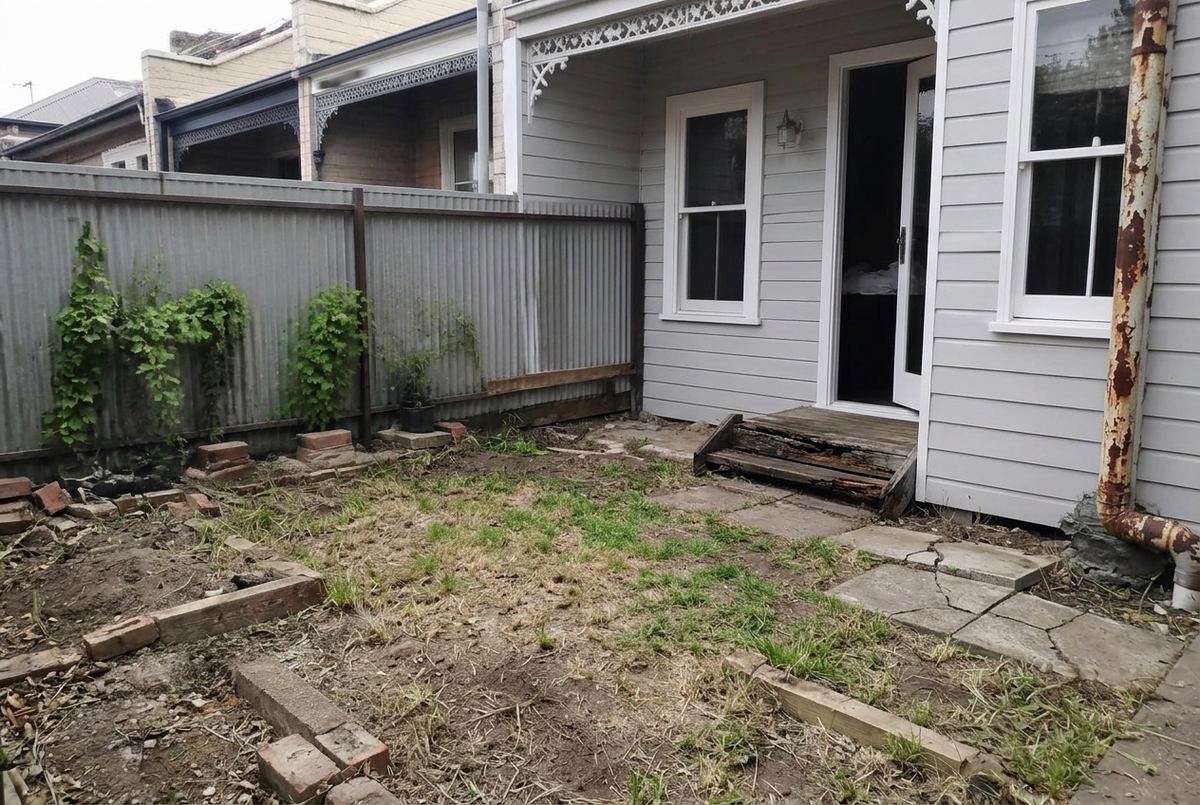 The same Fitzroy backyard before the build: patchy lawn, bare dirt, cracked pavers and a rotten timber step at the back door.