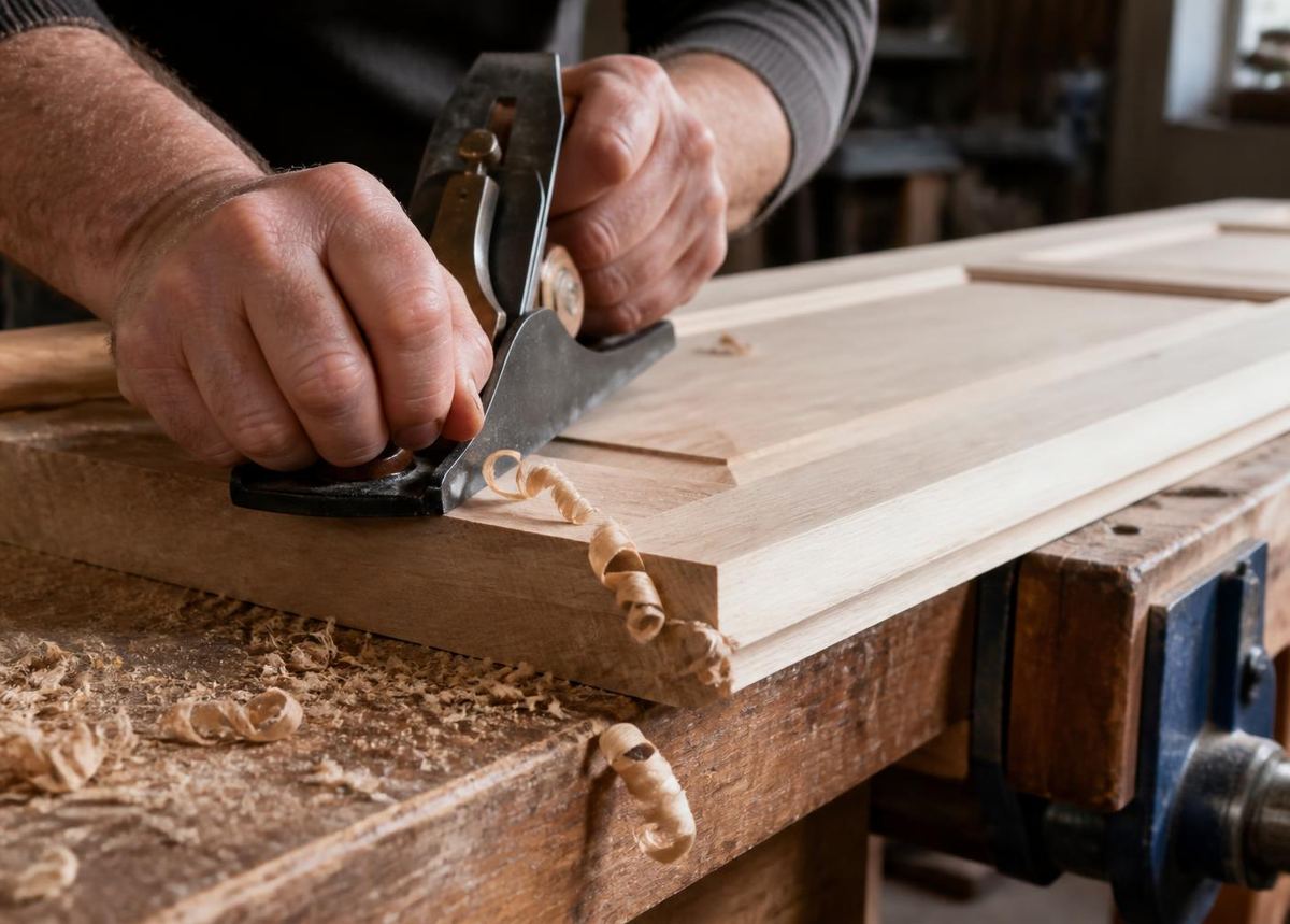 A carpenter's hands running a hand plane along the edge of a timber door clamped to a workbench.