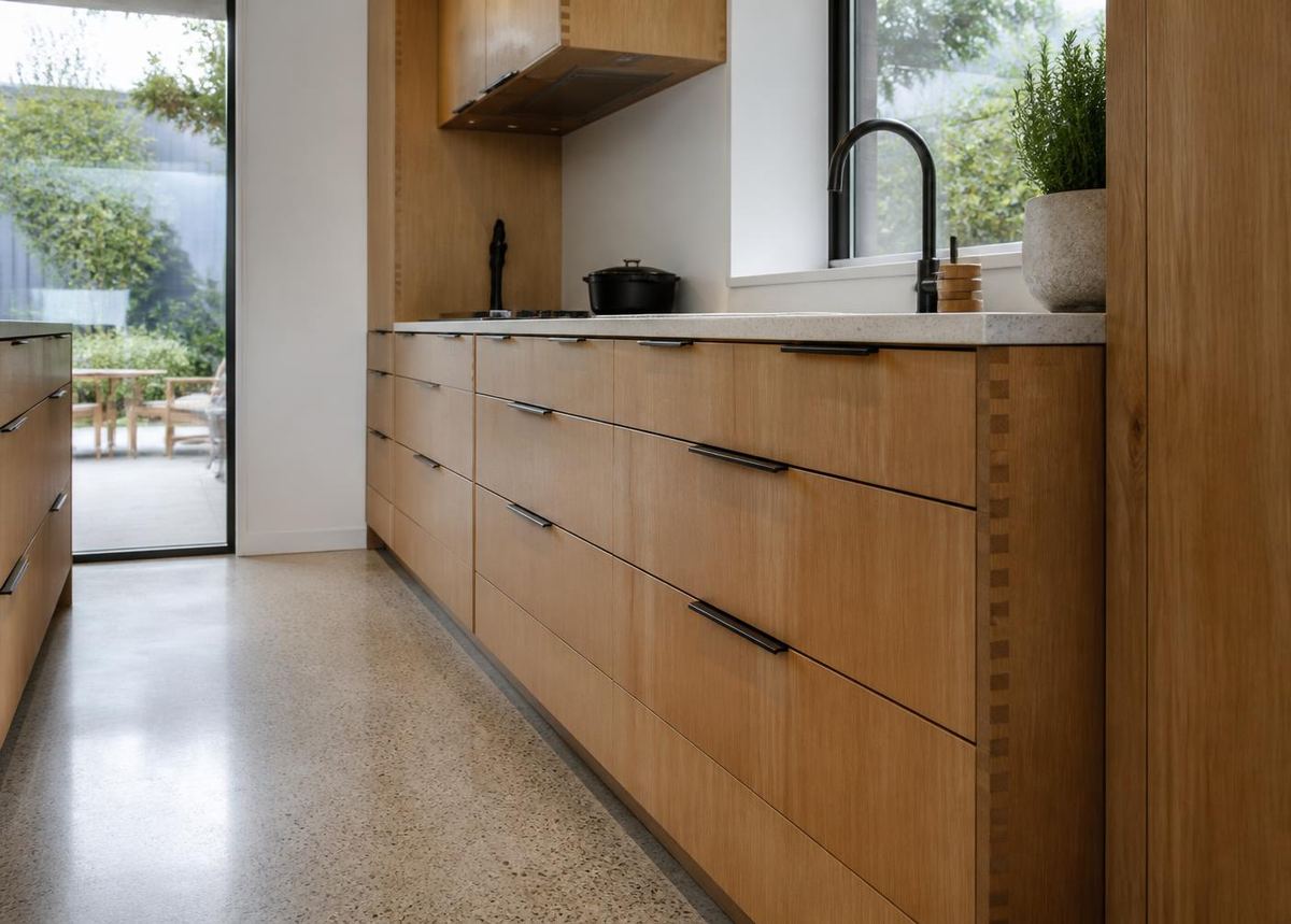 A fitted oak kitchen with visible joinery detail on the cabinet ends and a slim stone benchtop.